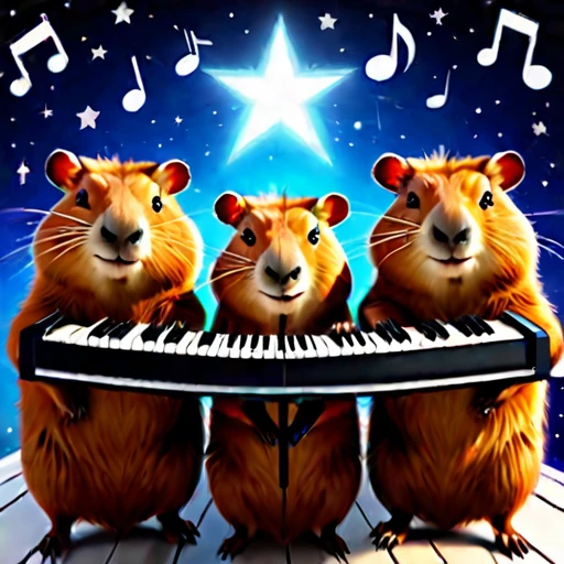 star space below huddled cute capybaras cutecapybara with piano and musical notes