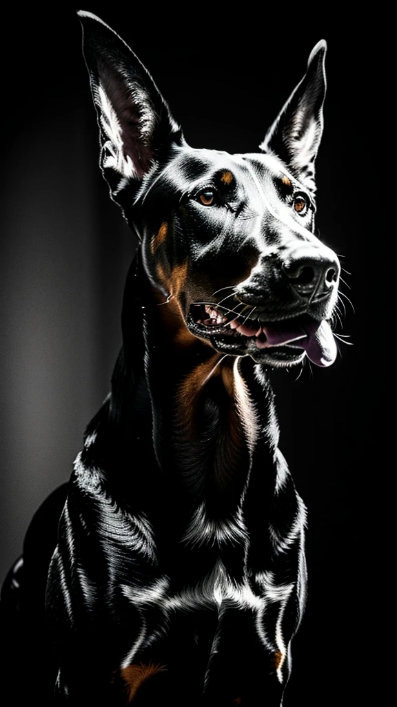 a black and white photo of A Doberman dog with a threatening appearance, holding a 9mm gun in his mouth, is in a dark room. The lighting is dim and there are deep shadows. The image is black and white and has high contrast., 32k, UHD, cinematic chromatic, cinematic lighting, global illumination, chromatic light, Photorealistic, ultra detailed, dreamlike illumination, dramatic, low-key lighting on a mysterious, Photorealistic , ultra photoreal , ultra detailed, intricate details.