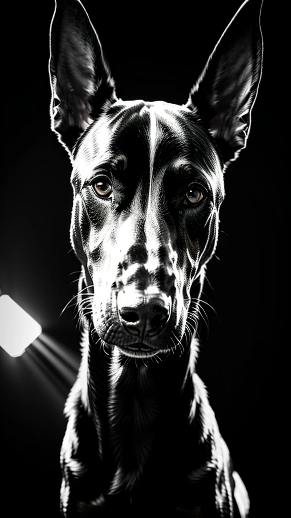 a black and white photo of A Doberman dog with a threatening appearance, holding a 9mm gun in his mouth, is in a dark room. The lighting is dim and there are deep shadows. The image is black and white and has high contrast., 32k, UHD, cinematic chromatic, cinematic lighting, global illumination, chromatic light, Photorealistic, ultra detailed, dreamlike illumination, dramatic, low-key lighting on a mysterious, Photorealistic , ultra photoreal , ultra detailed, intricate details.