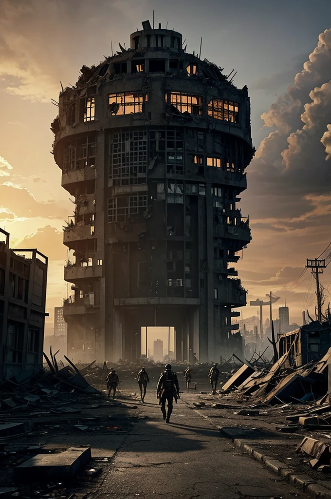 Generate an image depicting a dystopian future where the Demonite Virus has infected the majority of the world's population, showing cities in ruins with demons roaming freely and survivors struggling to survive.