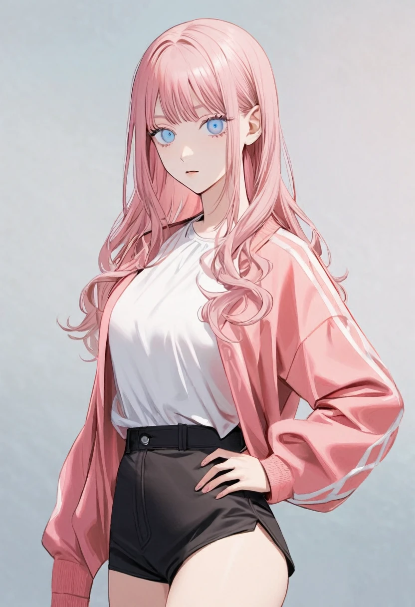 1 girl in chainsaw man style, long wavy hair, light pink hair, hair with blue tips, light blue eyes,((ollho da makima)),white blouse, pink jaket, black short shorts,all star branco, hand on the waist, face including 