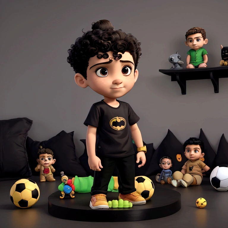 Ravi holding soccer ball, smiling for photo, cute boy, Short curly hair, light hair, Ravi in a black Batman shirt and jeans, school background with various toys