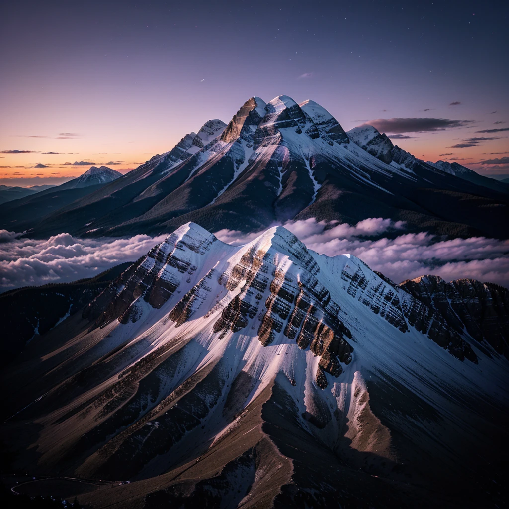 Mountain at night surrounded by purple sky and purple clouds