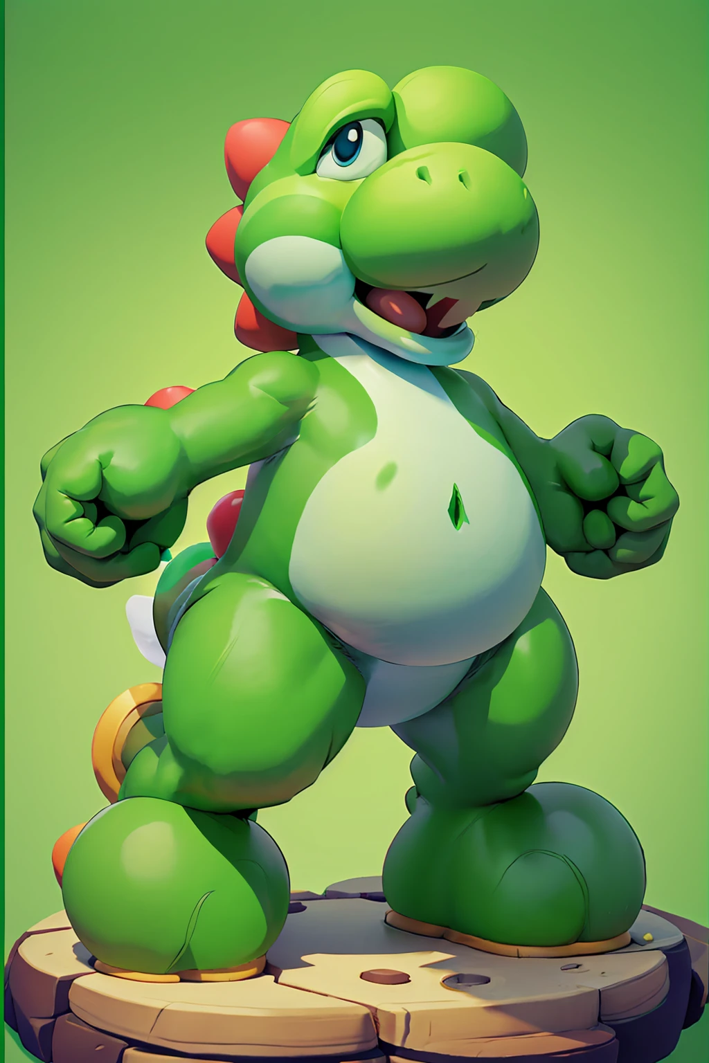 A green dinosaur, a character from Mario Bros, is happy
