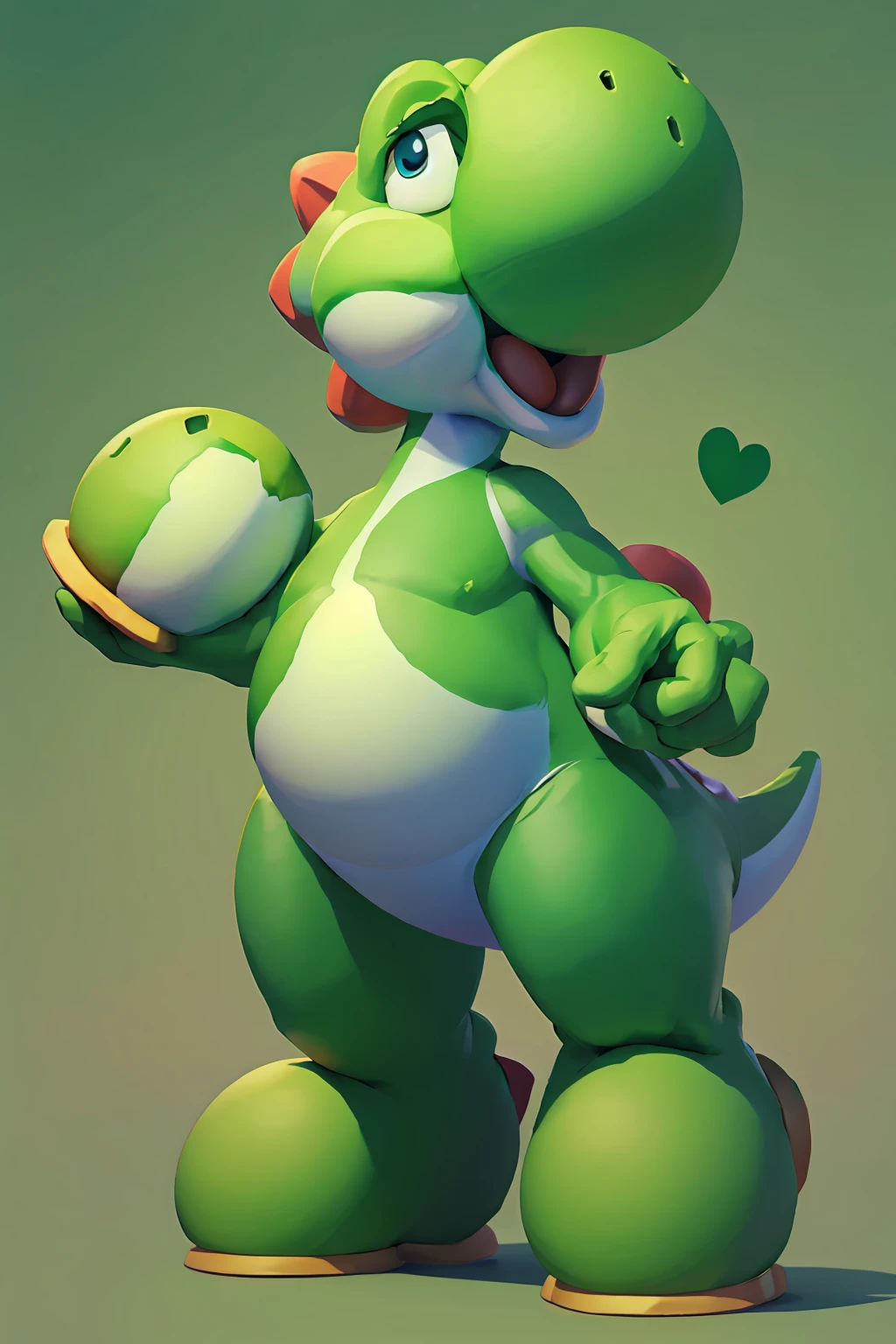 A green dinosaur, a character from Mario Bros, is happy
