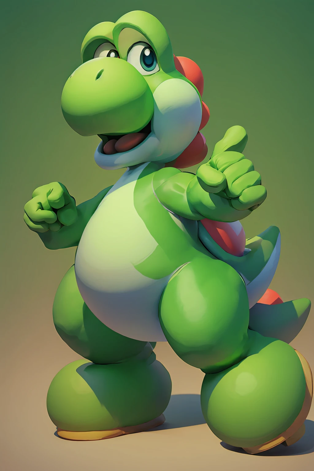 A green dinosaur, a character from Mario Bros, is happy
