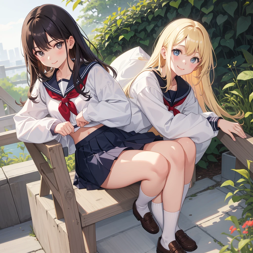 hi-school girl、　a beauty girl　Longhaire、Forehead、a short bob、sano　A smile、校服、skirt by the、Sit up、M-shaped legs、Forgetting to wear white panties、Short socks、Brown loafers、In front of the station、Spread legs wide