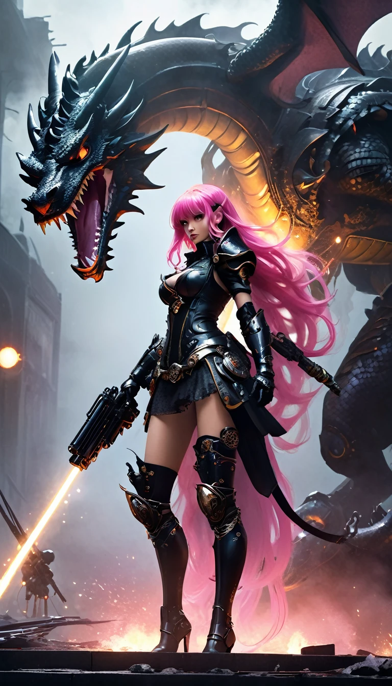 Sexy warrior girl with black steampunk armor, long pink hair, with a big futuristic shotgun, in a battle next to a robotic dragon, fierce battle, dense fog, fire chiaroscuro, sensual, dramatic lighting, moody atmosphere, photorealistic, intricate details, masterpiece, ultra-detailed, high quality, 8k, best quality, realistic, cinematic, dark and brooding, expressionistic, powerful composition, emotional impact, Bill Sienkiewicz inspired art

