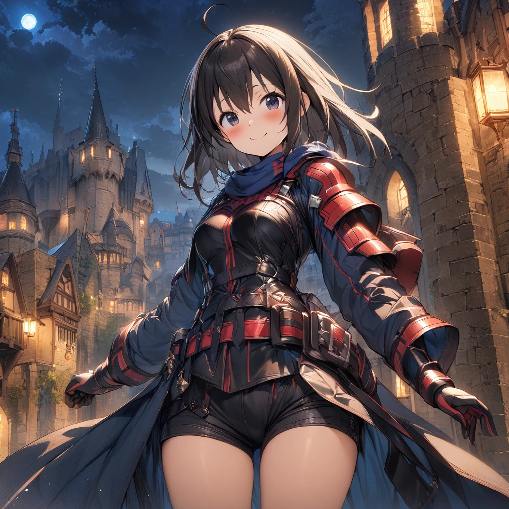 (masterpiece), (highest quality), (illustration), (super detailed), (high resolution), absurdity, 1girl,maple \(bofuri\), itai no wa iya nano de bougyoryoku ni kyokufuri shitai to omoimasu,fantasy town,high ,castle walls,night,blush,smile,cowboy shot