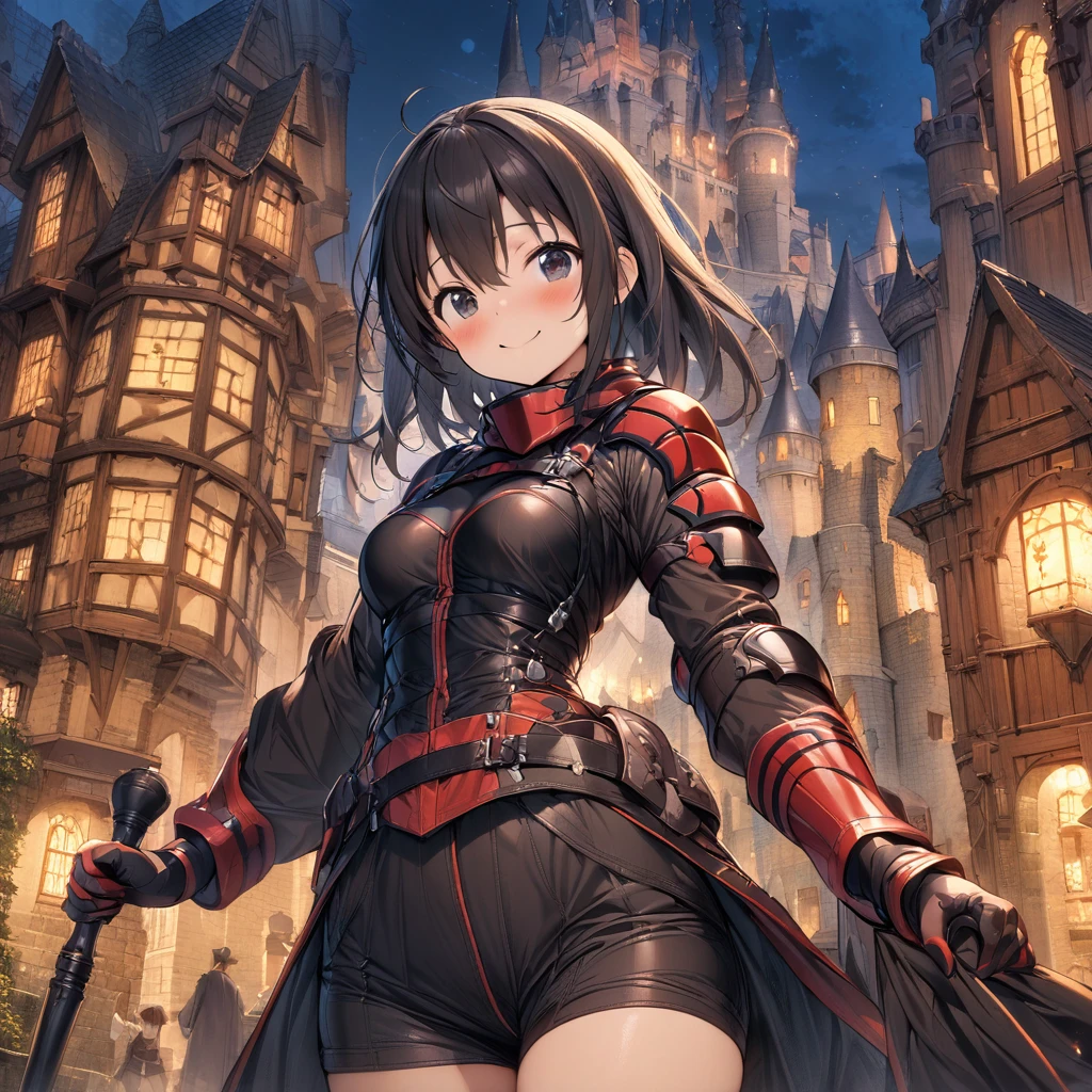 (masterpiece), (highest quality), (illustration), (super detailed), (high resolution), absurdity, 1girl,maple \(bofuri\), itai no wa iya nano de bougyoryoku ni kyokufuri shitai to omoimasu,fantasy town,high ,castle walls,night,blush,shocked,cowboy shot,big breasts,cleavage,breast grab