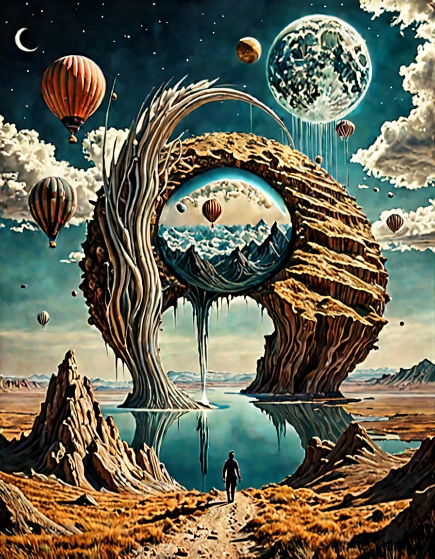 (incredible:0.0) A surreal landscape that features otherworldly elements., Fantastic elements that defy the laws of physics or reality., creating a sense of wonder and disbelief, Combination of artistic styles