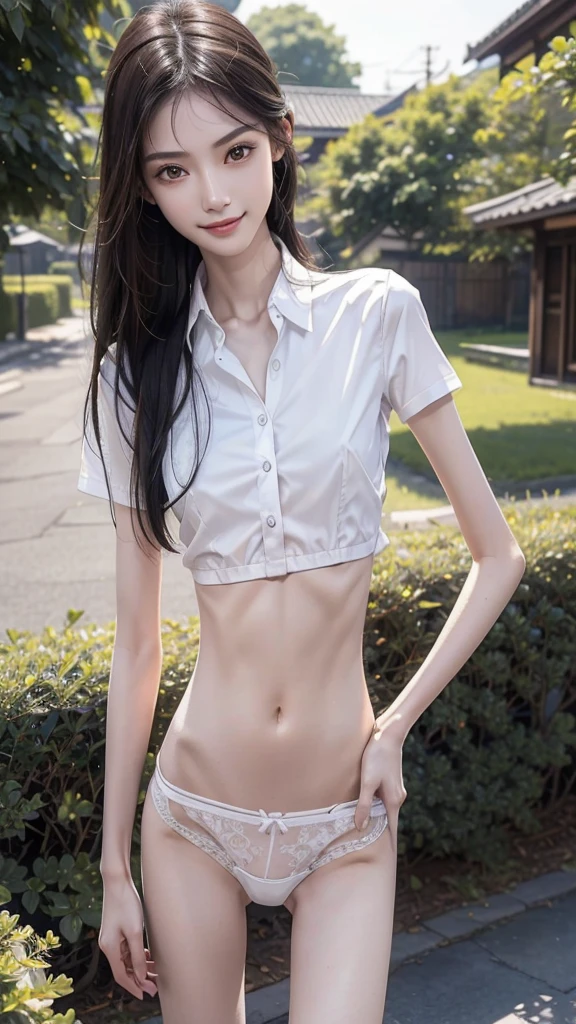 RAW, masterpiece, best quality, extremely detailed, 8k, HDR, photorealistic, intricate, A skinny Asian girl, she has an extremely slim body with narrow and small hips, long straight hair, wearing a short sleeves button-down shirt and (white panties), smile, standing, outdoors, close-up picture