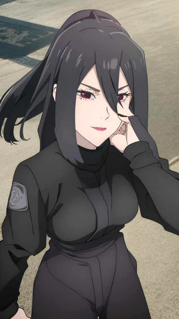 Girl, Long black hair, Sharingan eyes, black turtleneck, Black pants, Naruto-style ninja outfit, jutsu  pose 