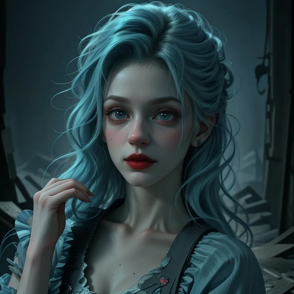 3D geographical image, digital painting in a diorama on an open palm of a clown woman in a post-apocalyptic futuristic environment. A girl stands with her open palm. She wears a fashionable, intricately designed outfit, her blue hair is styled dramatically and creatively, and she is trapped in the Matrix, the detailed skin of glittering fur that reflects light and kissable lips. She dances ecstatically on the clown\'s hand. in the style of post-apocalyptic futurism, photo, film, 3D rendering