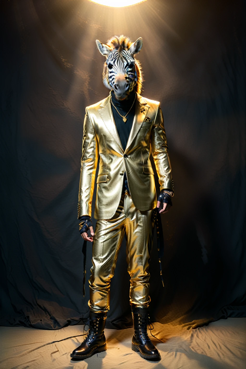 So you can edit it later、An anthropomorphized zebra wearing a gold suit and sunglasses with a space above his head。金色スーツのセットアップにサングラス
金色のスーツにサングラスのファッションでド派手な装飾した独特のポーズをする
The background is darkに怪しげな金色の煙、A mysterious golden light shines through it. The character is also illuminated and clearly visible. Create an image with this composition according to the following rules.。
High resolution textures、Texture、Realなディテール、
The background is dark、Mysterious and、There is a good atmosphere、Dramatic lighting and high contrast images、Extremely high resolution to create photo-realistic card game patterns。
The design will be surrounded by a border、80 from the center of the space so that the character is not hidden%Please。
Use indirect lighting and textured backgroundake the central character stand out。
Full body portrait、Dynamic pose。
にかくテクスチャがRealで細かいファッションの服。
Fashionable sneakers、boots、Sandals、hat、Smoke Accessories Necklace、Earrings、ring、bandana car、bike、Tattoos etc.、Choose according to your outfit and mood。
Real、8K
(masterpiece、Highest quality、high detail、超Real:1.2)、
Anthropomorphic animals、Full body portrait
(Photorealistic:1.4), Cinematic lighting, 8K UHD、
Professional Photography、
(詳細な毛皮のTexture:1.3), Expressive eyes、
Designer clothing、Luxury Brands、
(Perfect tailoring:1.2), High Fashion Accessor
Moody atmosphere、Dramatic Shadows、
High contrast lighting、Depth of written boundary、
Film Grain、Color Grading、
(Color Palette:1.3)、(Calm earth colors:1.2)、
(Rich Brown:1.1)、(Deep Gray:1.1)、(subtle gold accents:1.0)、
(warm color:1.1)、(Color harmony:1.2)、
(Soft diffused lighting:1.2)、(Rim lighting:1.1)、
(Volumetric Lighting:1.0), (Ambient Occlusion:1.1)