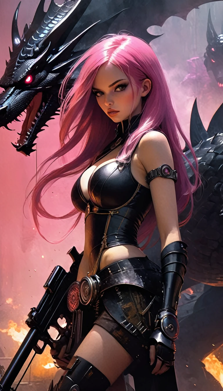 Sexy warrior girl with black steampunk armor, long pink hair, with a big futuristic shotgun, in a battle next to a robotic dragon, fierce battle, dense fog, fire chiaroscuro, sensual, dramatic lighting, moody atmosphere, photorealistic, intricate details, masterpiece, ultra-detailed, high quality, 8k, best quality, realistic, cinematic, dark and brooding, expressionistic, powerful composition, emotional impact, Bill Sienkiewicz inspired art
