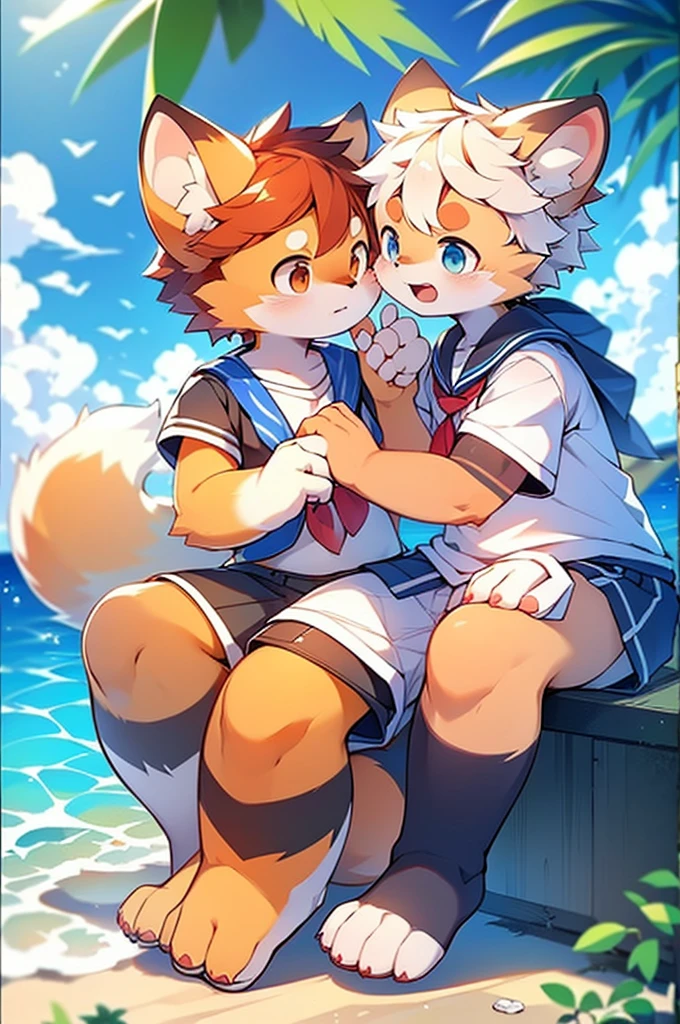 Male Red Panda, Ocean, Appeared wearing a sailor uniform! One in heat, Sitting,空を飛ぶ，青い光