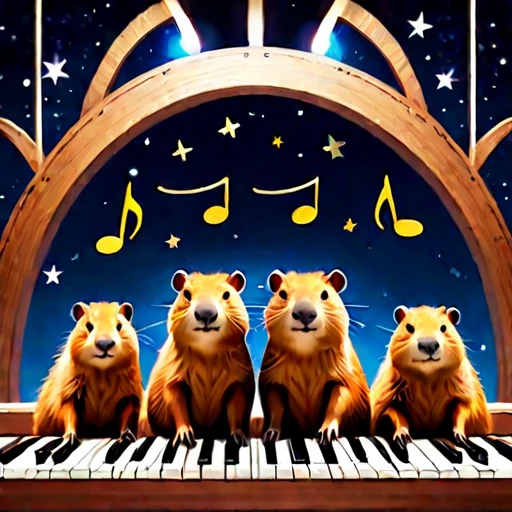 star space below huddled cute capybaras cutecapybara with piano and musical notes