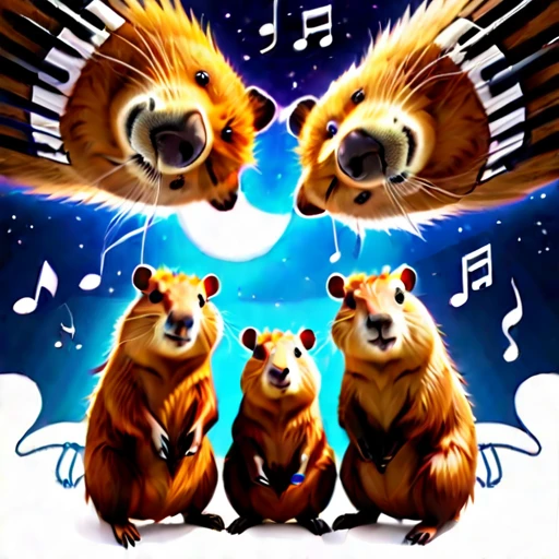 star space below huddled cute capybaras cutecapybara with piano and musical notes