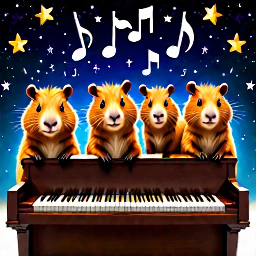 star space below huddled cute capybaras cutecapybara with piano and musical notes