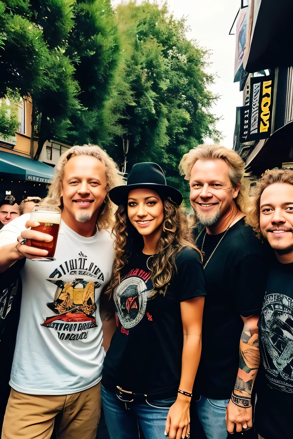 high-quality photo featuring Metallica band ((4x guys Kirk Hammett, Lars Ulrich, Robert Trujillo, James Hetfield and 1x girl Ella))(( 1x hot girl standing in pub with 4x guys)). All of them should have a rugged, rock-and-roll appearance, with details like tattoos, have fun together. Beside them, a stunning brunette hot woman poses confidently. She should be wearing a stylish yet casual outfit that complements the farmers, with her entire body visible in the shot. The background should be a some pub with beers. Thay play guitars. 
