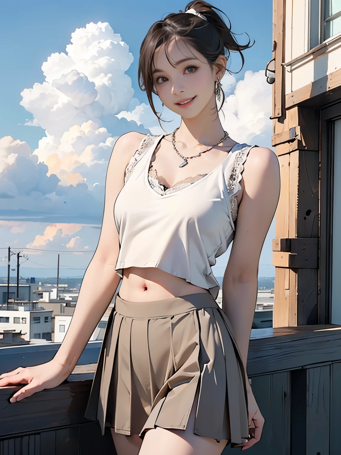 ((((Highest quality))))、(((Ultra-precision CG16K wallpaper)))、(((masterpiece)))、(((Super detailed)))、(((Extreme detail)))、((1Mature 29 year old woman:1.6))、((Very beautiful Japan face of a person))、((Urizane Face:1.8))、((Ponytail Straight Medium Hair:1.6))、(Shiny Hair)、A delicately drawn beautiful face、(Dark Eyes、Reflected light from the eye)、double eyelid、High nose、Small nostrils、Small Mouth、Seductive lips、Beautiful breasts、((C cup size breasts))、Cleavage、Small belly button、Delicate nails、Beautiful feet、Thin thighs、eight-headed body、Perfect proportions、Perfect Anatomy、Perfect composition、Beautiful detailed shading、Beautiful, natural lighting、Beautiful detail glow、Depth of written boundary、(((High chroma)))、(((Real:1.9)))、((vivid:1.5))、((Beautiful Skin))、((Skin Texture))、((Realな皮膚感))、(((Cowboy Shot:1.6)))、(((front view、shoot from front、front low angle:1.6)))、(((smile:1.6)))、(((looking at camera:1.6)))、Bright daylight、Natural light、(((background_Uninhabited downtown、Sky and Clouds:1.5)))、(Standing pose:1.6)、(((White lace tank top&Low-rise pleated mini skirt:1.6)))、((necklace、Wearing earrings:1.5))、((Lace Stockings Clothed))、