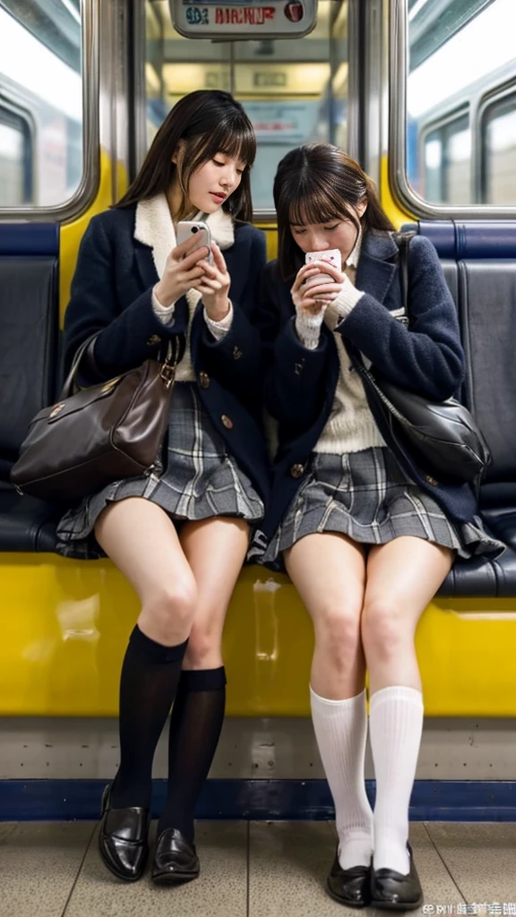 A photo of two mature Japanese high school girls wearing duffle coats and shiny black leather gloves.,Inside the train,Voyeur,Heavy makeup face,Ultra-detailed face, Both of them are crossing their legs while looking at their smartphones..Smelly socks, Taking off shoes,Ultra Mini Skirt,LOL,School Bags,This photo was taken in daylight with soft lighting..、The girls are sitting on train seats.。. This photo was taken by someone on their cell phone..、Apparently it was posted on Snapchat.。.