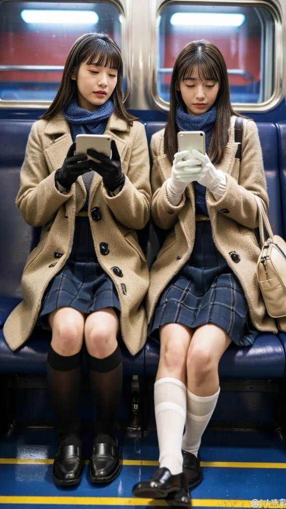 A photo of two mature Japanese high school girls wearing duffle coats and shiny black leather gloves.,Inside the train,Voyeur,Heavy makeup face,Ultra-detailed face, Both of them are crossing their legs while looking at their smartphones..Smelly socks, Taking off shoes,Ultra Mini Skirt,LOL,School Bags,This photo was taken in daylight with soft lighting..、The girls are sitting on train seats.。. This photo was taken by someone on their cell phone..、Apparently it was posted on Snapchat.。. 