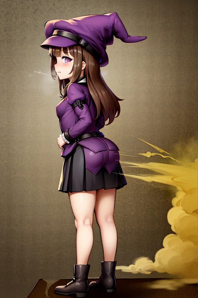 Witch Hat (Brown Hair) Long Hair (((Small breasts))) (Purple Eyes) (((child))) (Slanted Eyes) (((low length))) ,(Turn around) (((solo))), Embarrassed, blush, uniform、I'm pulling up my skirt (((A girl farts)))Standing with legs together
、(Holding on)((Her butt is facing me)) ((( face)))((Yellow gas leaking from the anus))(((high quality)))