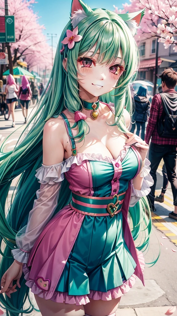Split color hair, green and pink hair color, pink eyes, woman, teal blue gold clothes,happy face, sexy outfit, cat ears, hearts, floating hearts, face only, long hair, smiling, cherry blossom, hair ornament, up close face, sexy clothes, sexy women , closed mouth smile