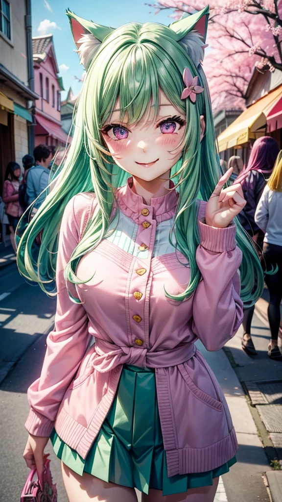 Split color hair, green and pink hair color, pink eyes, woman, teal blue gold clothes,happy face, sexy outfit, cat ears, hearts, floating hearts, face only, long hair, smiling, cherry blossom, hair ornament, up close face, sexy clothes, sexy women , closed mouth smile