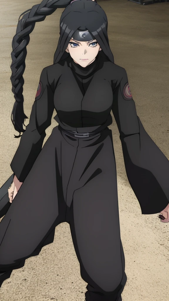Girl, Long black hair, black eyes, black turtleneck, Black pants, Naruto-style ninja outfit.
