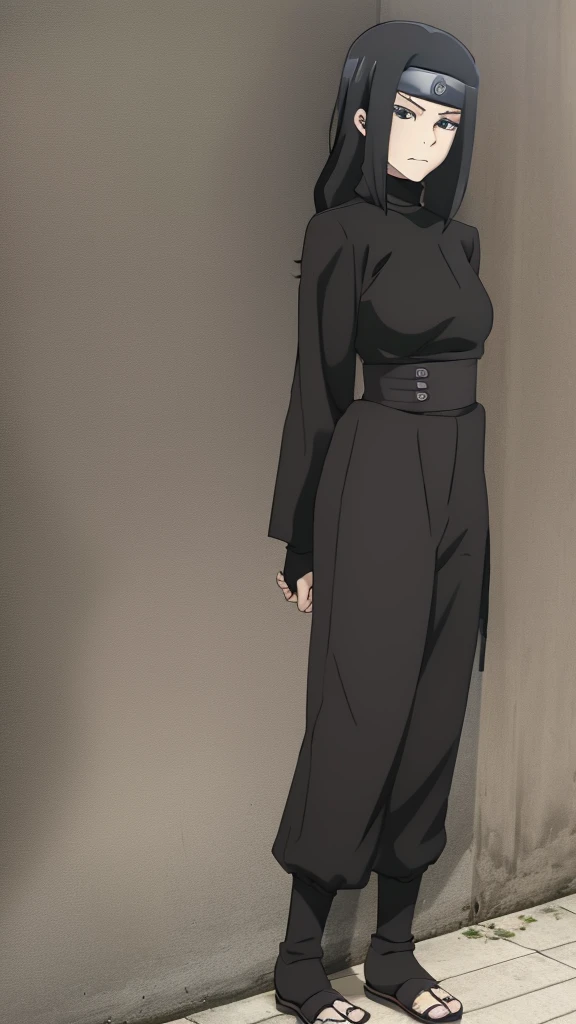 Girl, Long black hair, black eyes, black turtleneck, Black pants, Naruto-style ninja outfit.