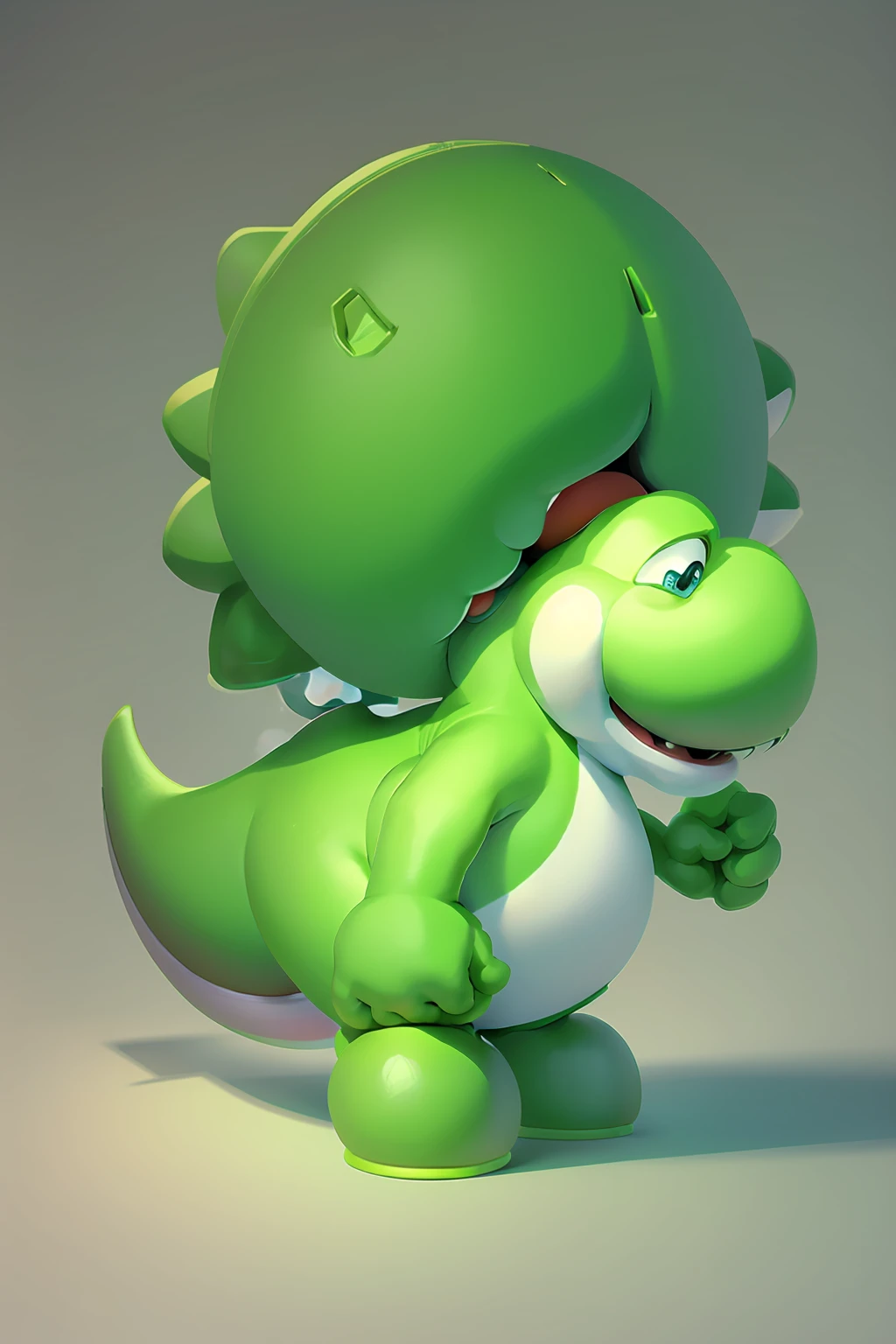 A green dinosaur, a character from Mario Bros, is happy
