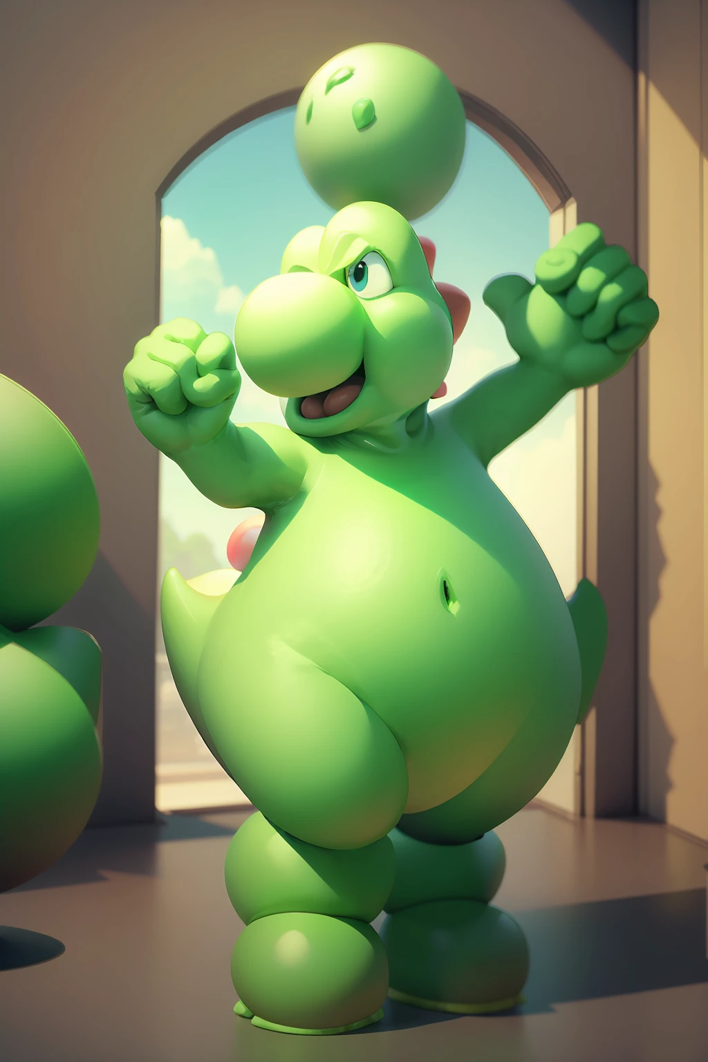 A green dinosaur, a character from Mario Bros, is happy
