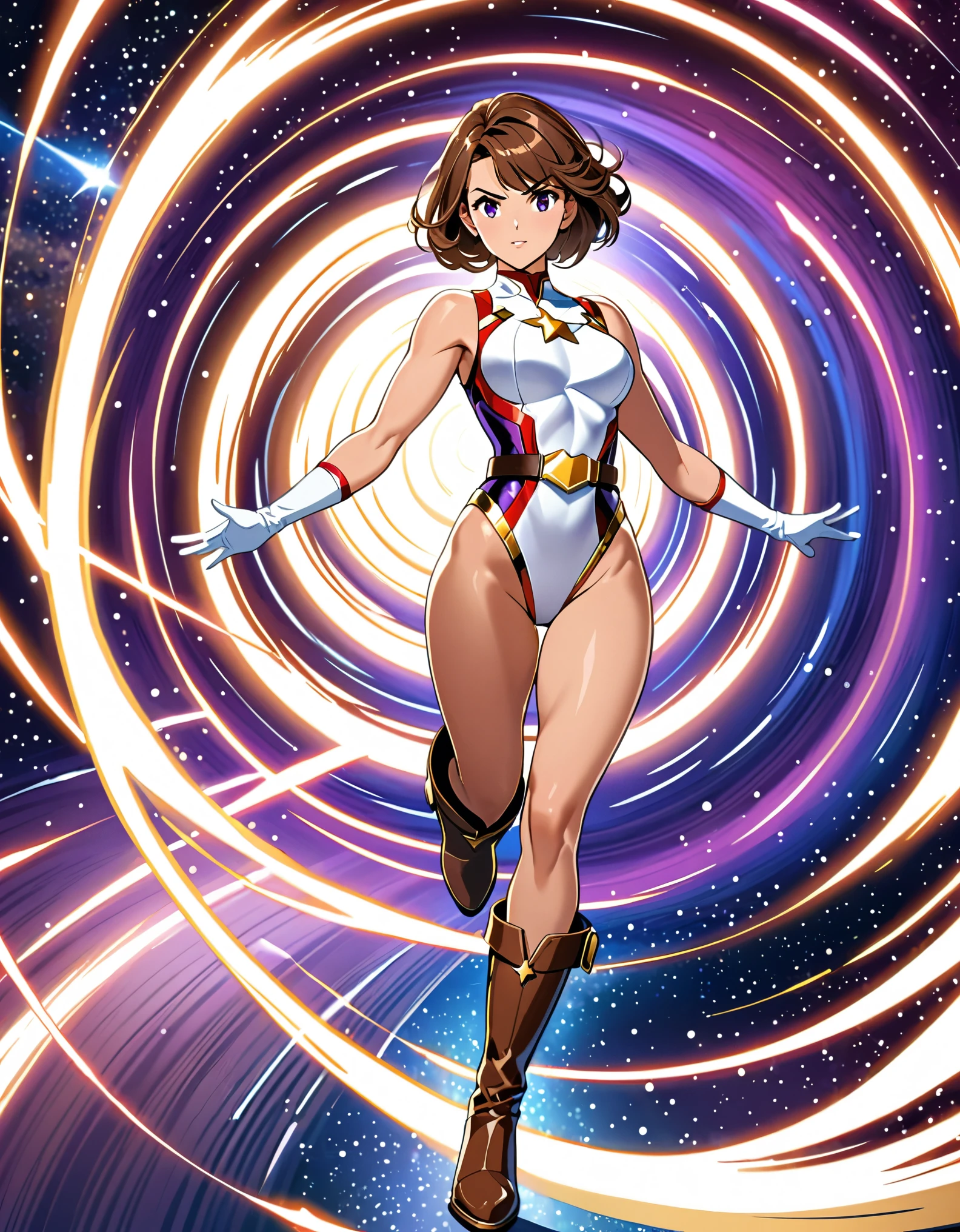 (masterpiece), (best quality), (high res), medium breasts, ((leotard, white and red leotard, matching leotard, sleeveless, bare legs)), ((gold star symbol on chest)), ((tight belt, gold belt)), ((boots, matching boots, ankle-high boots, white boots)), ((gloves, white gloves)), solo, solo focus, standing, (full body), cowboy shot, superhero, ((beautiful detailed eyes)), standing straight, full body shot, cowboy shot, superhero, mature lady, brown hair, short hair, bob hair, purple eyes, (perfect anatomy), spread arms, (spinning), (she spins) fast in place like a (tornado), spinning in place, tornado spinning, rapid gyration, space backdrop, motion blur, speed lines, spiral lines, tornado, time warp, (spinning energy pulse), light particles, serious.