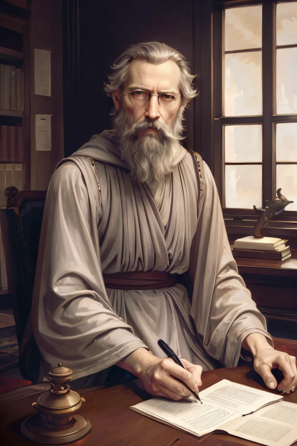 ,bgrt painting, old magician sitting at the table in the ancient castle tower,ultra long white beard,hair grey, writing, Wizard clothes, long cloak