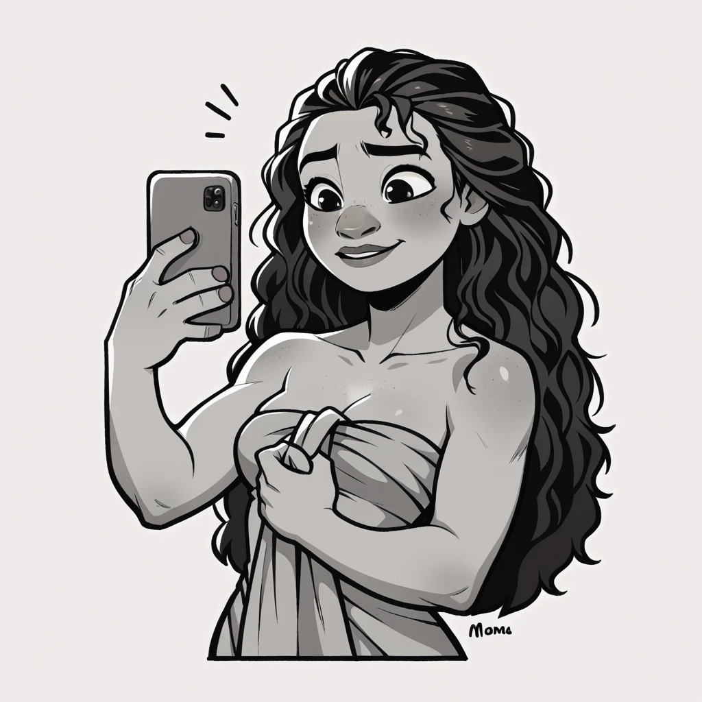 (score_9, score_8_up), moana, wrapped in towel, medium breasts, holding phone