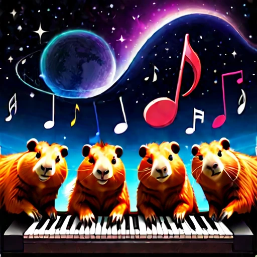 star space below huddled cute capybaras cutecapybara with piano and musical notes