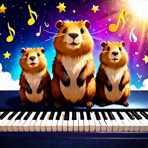 star space below huddled cute capybaras cutecapybara with piano and musical notes