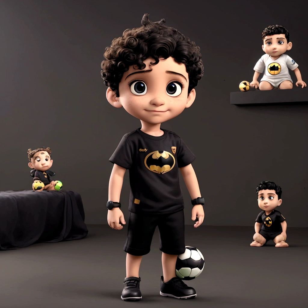 Ravi holding soccer ball, boy wearing black shirt with Batman logo, lots of toys in the background, Short curly hair, Light brown bun hair, cute pic, 8K, boy holding soccer ball, boy looking at photo