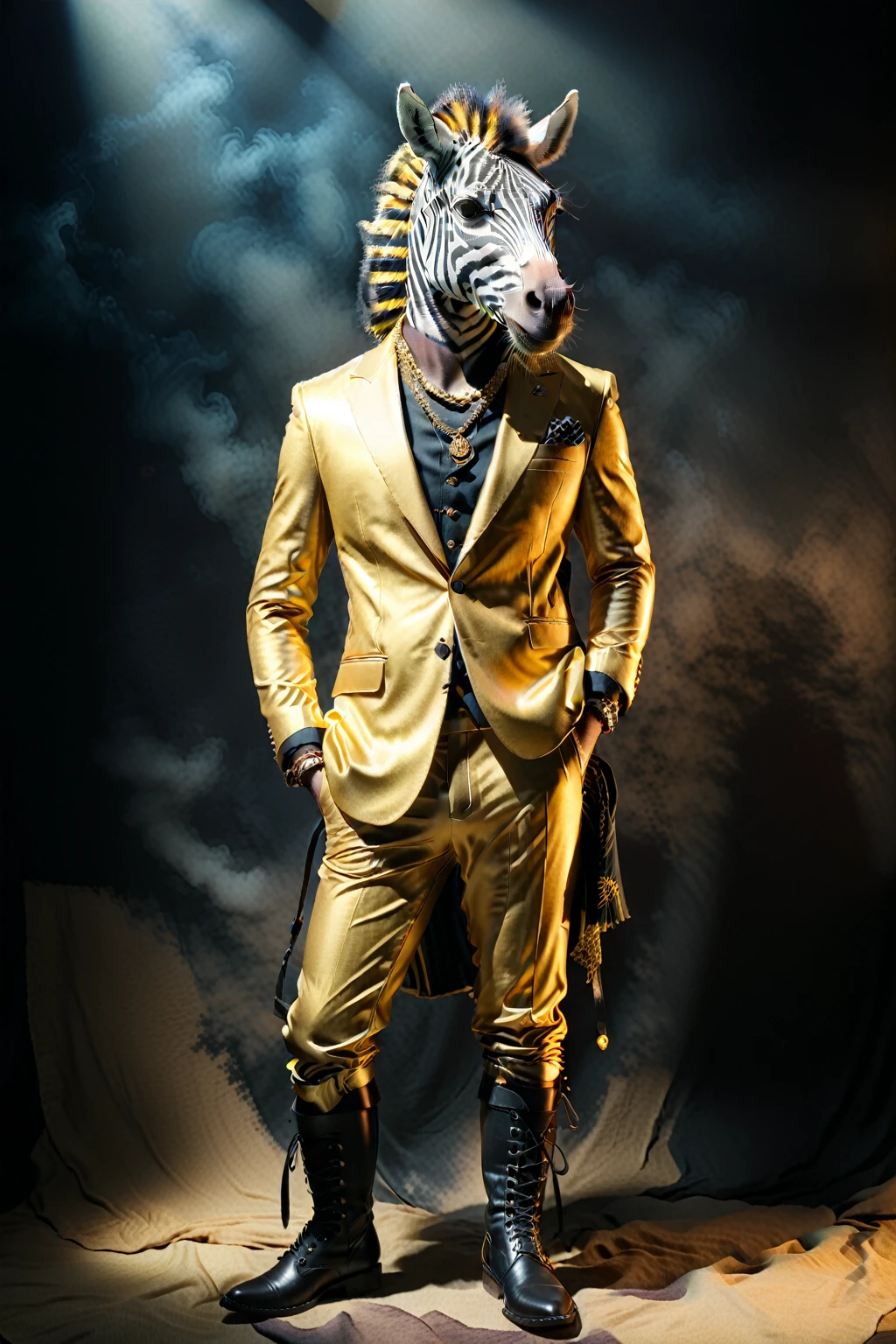 

So you can edit it later、An anthropomorphized zebra wearing a gold suit and sunglasses with a space above his head。金色スーツのセットアップにサングラス
金色のスーツにサングラスのファッションでド派手な装飾した独特のポーズをする

The background is darkに怪しげな金色の煙、A mysterious golden light shines through it. The character is also illuminated and clearly visible. Create an image with this composition according to the following rules.。
 High resolution textures、Texture、Realなディテール、
The background is dark、Mysterious and、There is a good atmosphere、Dramatic lighting and high contrast images、Extremely high resolution to create photo-realistic card game patterns。
The design will be surrounded by a border、80 from the center of the space so that the character is not hidden%Please。
Use indirect lighting and textured backgroundake the central character stand out。
Full body portrait、Dynamic pose。
 にかくテクスチャがRealで細かいファッションの服。
Fashionable sneakers、boots、Sandals、hat、Smoke Accessories Necklace、Earrings、ring、bandana car、bike、Tattoos etc.、Choose according to your outfit and mood。
Real、8K




(masterpiece、Highest quality、high detail、超Real:1.2)、 
Anthropomorphic animals、Full body portrait

(Photorealistic:1.4), Cinematic lighting, 8K  UHD、 
Professional Photography、

(詳細な毛皮のTexture:1.3), Expressive eyes、 
Designer clothing、Luxury Brands、 
(Perfect tailoring:1.2), High Fashion Accessor
Moody atmosphere、Dramatic Shadows、 
High contrast lighting、Depth of written boundary、
Film Grain、Color Grading、

(Color Palette：1.3）、（Calm earth colors：1.2）、 
(Rich Brown：1.1）、（Deep Gray：1.1）、（subtle gold accents：1.0）、
(warm color：1.1）、（Color harmony：1.2）、

(Soft diffused lighting：1.2）、（Rim lighting：1.1）、
(Volumetric Lighting:1.0), (Ambient Occlusion:1.1)