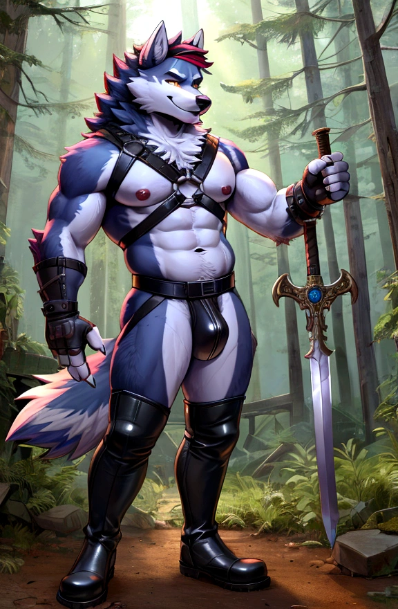 Sexy furry anthro wolf male, gay, kinky, sexy furry warior, headband shagy shag hairs, worn out skimpy leather armament, low on hips leather belt with worn out skimpy brown leather jockstrap, leather heavy harness armor, leather bondages, leather anthro feet boots, fingerless leather gloves, blooded curved sword in hand, dirty playfull smile, forest ruins, standing in sexy fighting position, close view of full character