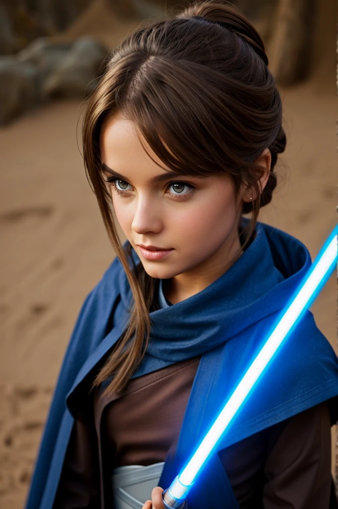 Create a brown-haired Jedi girl with two blue lightsabers