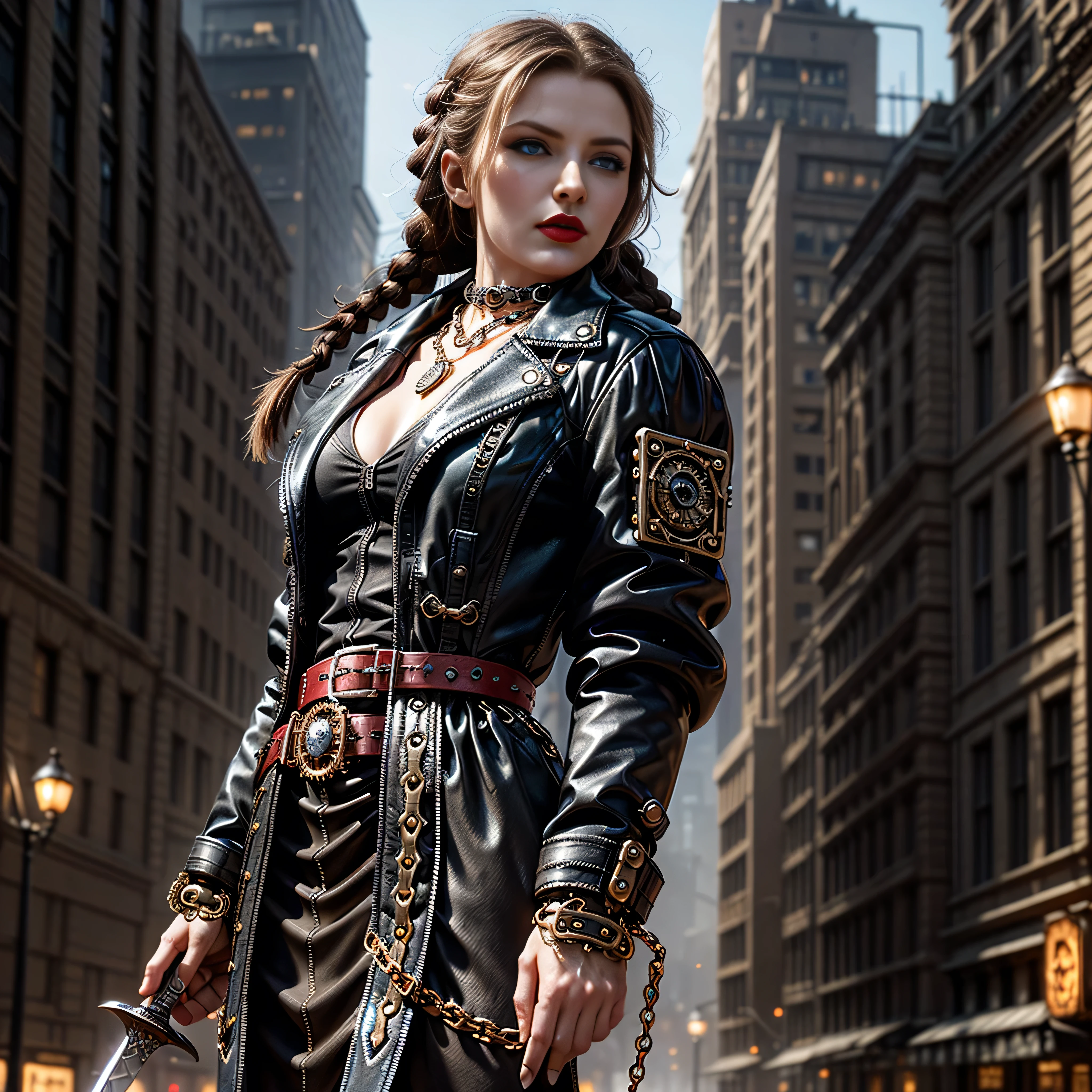 ((masterpiece, photorealistic:1.4, extremely intricate:1.3, photon mapping, radiosity, physically based rendering, ultra resolution, hyper-realistic, photorealistic:1.4, hyper-realistic, 8K)), (((athletic female assassin, long straight side braids, windy [black hair:bright ginger hair:0.7], (([flat chest:medium breasts:0.8], (silver serrated sword))), ((makeup:1.0, perfectchainmail, steampunk, black jacket, clockwork belt), red lips, dim, dark, shadows, red silk shirt)), gold necklace)), outdoors, metal reflections, ((((futuristic apocalyptic city destroyed)))), professional photograph, soft focus, dramatic, award winning, cinematic lighting, volumetrics (film grain, blurry background, blurry foreground, bokeh, depth of field), BREAK, (([clear eyes:blue eyes:0.4]))