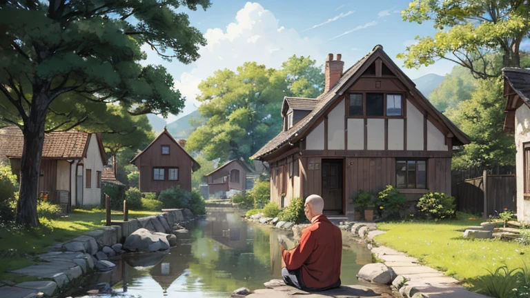Draw a scene in a quiet village, with traditional houses in the background and leafy trees around. En el centro de la imagen, show a zen master sitting in a meditation position, wearing simple and traditional clothes, with a calm and welcoming expression talking to another person. The person must have an expression of curiosity and reflection. Add details that showcase the village's simplicity and natural beauty, like stone paths, flowers and vegetation around. The sunlight should be soft, indicating a moment of peace and tranquility.