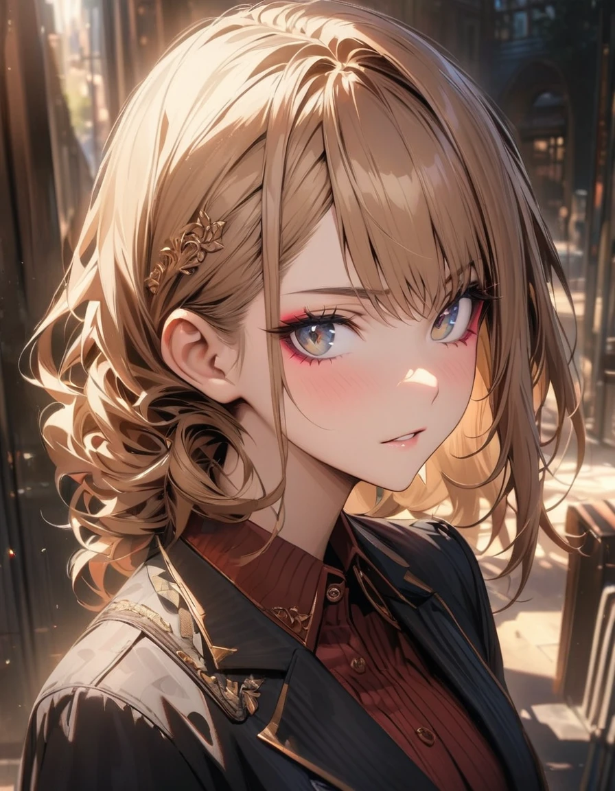 A high resolution, ultra detailed, HDR, masterpiece, very detailed face and eyes, confident expression, young woman, business style, trousers, long rose gold hair, 18 years, Squint, adult face, creative hairstyle, beautiful makeup with arrows