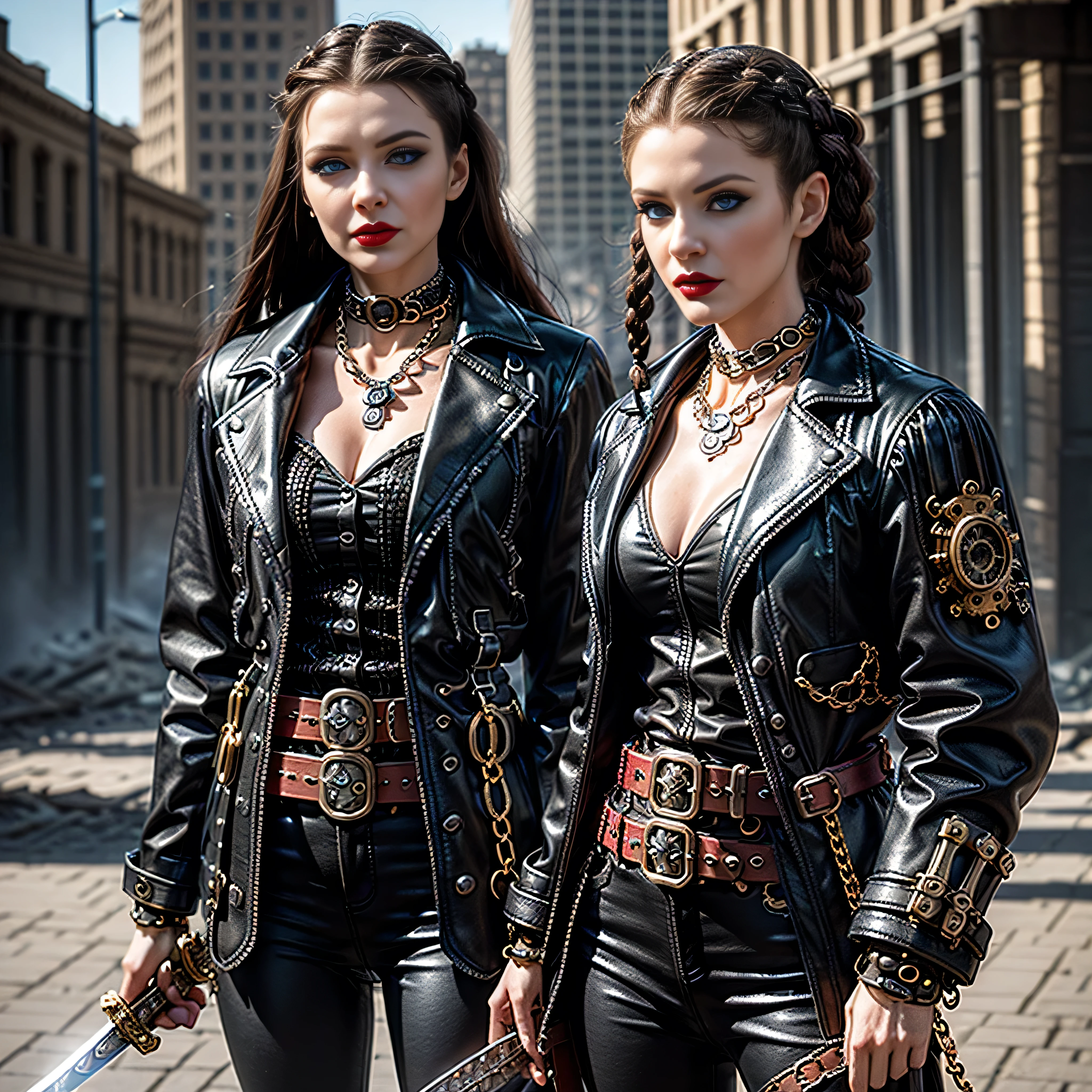 ((masterpiece, photorealistic:1.4, extremely intricate:1.3, photon mapping, radiosity, physically based rendering, ultra resolution, hyper-realistic, photorealistic:1.4, hyper-realistic, 8K)), (((athletic female assassin, long straight side braids, windy [black hair:bright ginger hair:0.7], (([flat chest:medium breasts:0.8], (serrated sword))), ((makeup:1.0, perfectchainmail, steampunk, black jacket, clockwork belt), red lips, dim, dark, shadows, red silk shirt)), silver necklace)), outdoors, metal reflections, ((((futuristic apocalyptic city destroyed)))), professional photograph, soft focus, dramatic, award winning, cinematic lighting, volumetrics (film grain, blurry background, blurry foreground, bokeh, depth of field), BREAK, (([clear eyes:blue eyes:0.4]))