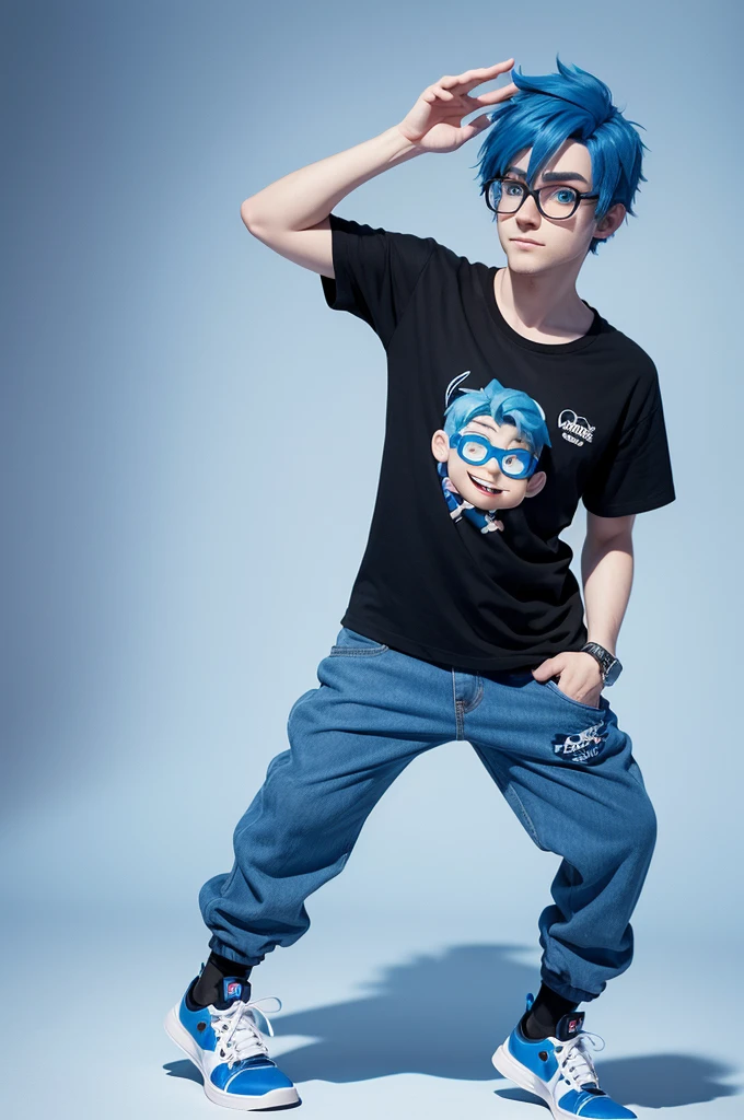 Fun boy character, disney pixar style, 3d, with blue hair, black sneakers, blue eyes, Black glasses, blue fur, white shirt, shot therefore
