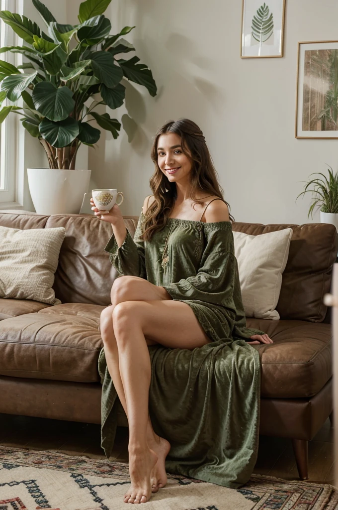 An influencer is posing in a beautifully decorated living room, showcasing her interior design skills. She is seated on a plush velvet sofa, dressed in a chic, bohemian-style maxi dress with intricate patterns. Her hair is styled in loose curls, and she wears minimal makeup, emphasizing her natural beauty. Around her, the room is adorned with modern decor elements such as abstract art pieces, potted plants, and a statement rug. She holds a cup of herbal tea, smiling warmly at the camera, creating an inviting and cozy ambiance.